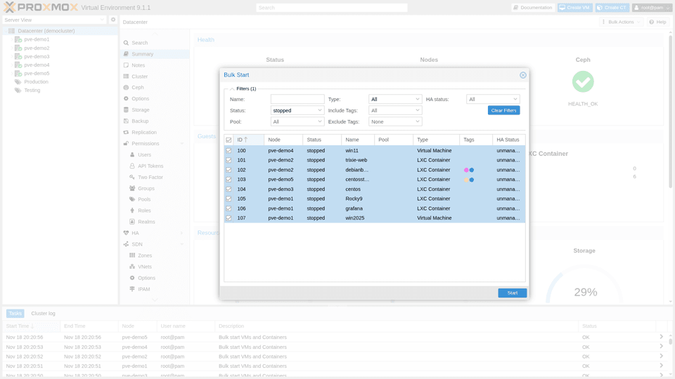 Proxmox VE 9.1 Datacenter Bulk Actions
